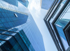 office building with blue glass wall detail